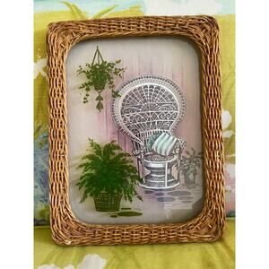 Vintage Faux Rattan Framed Picture Wall Hanging Peacock Wicker Chair Ferns 10x13